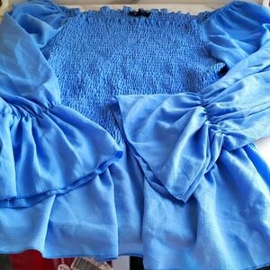 EMPERICE Romantic Square Neck Smocked Puff Sleeve Peplum Top in Blue Size 2X